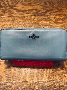 Coach Teal Blue Zip-Around Leather Wallet